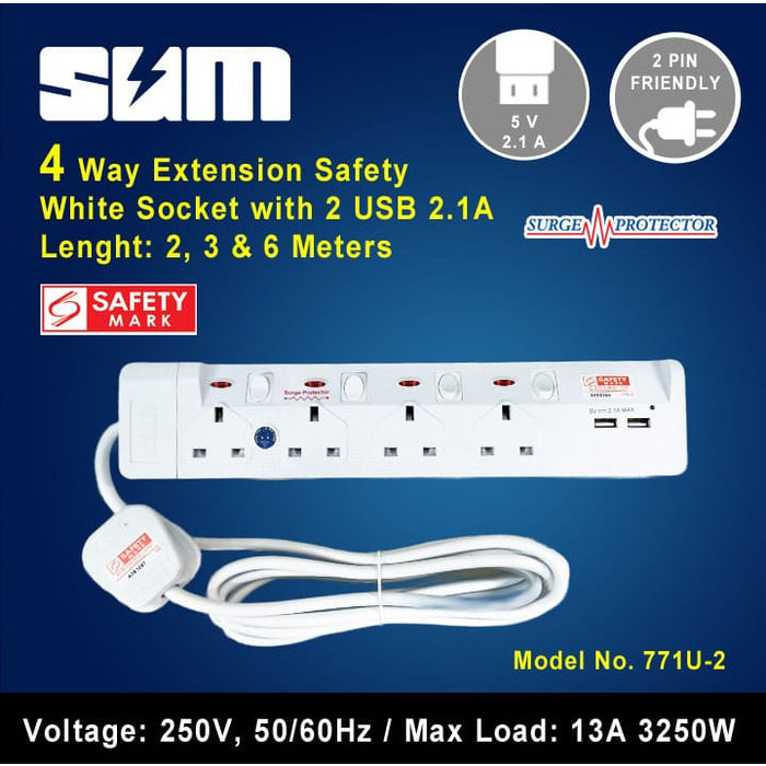 SUM 4-Way Extension Socket with 2 USB & Surge Protector
