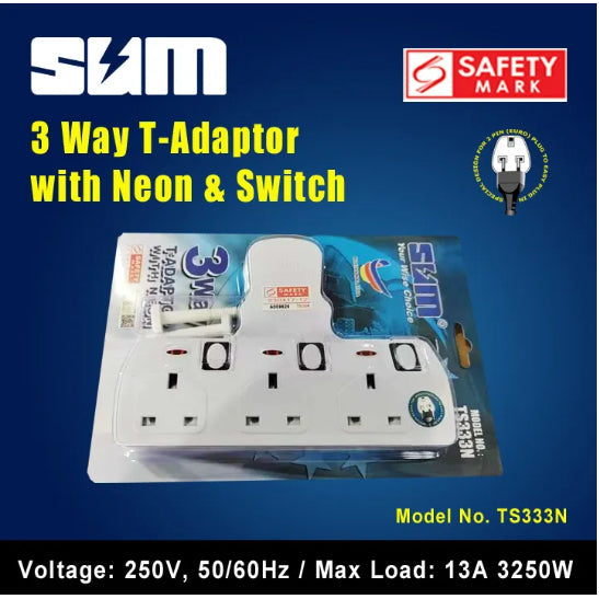 SUM TS333N 3-Way T-Adaptor Socket with Neon Switch 13A