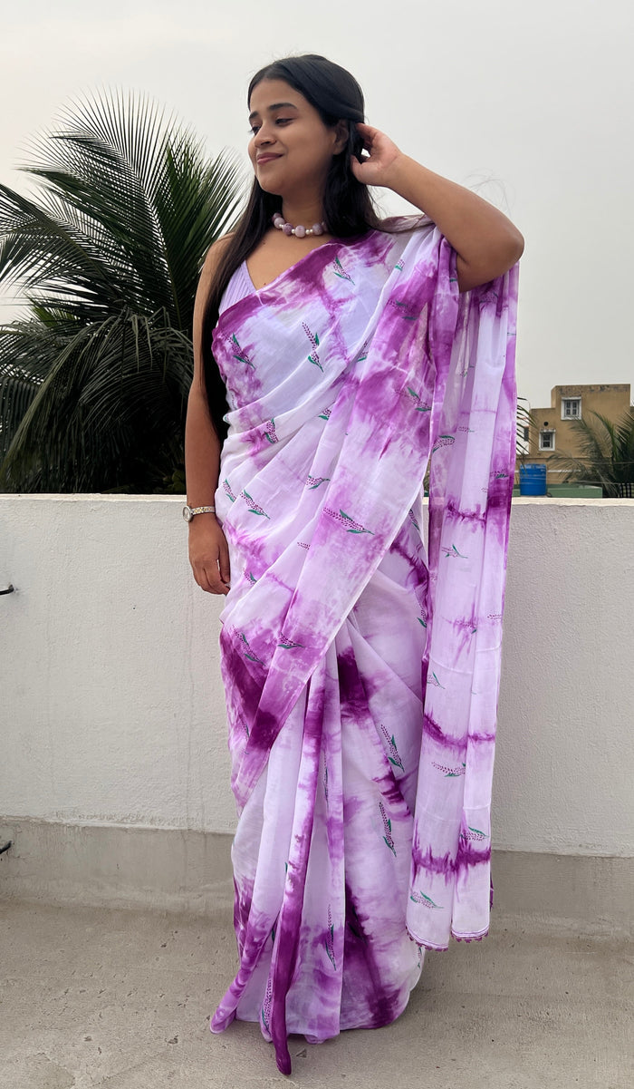 Lavender Mauve Tie and Dye Mulmul cotton Shopaame Saree - Summer Lavender