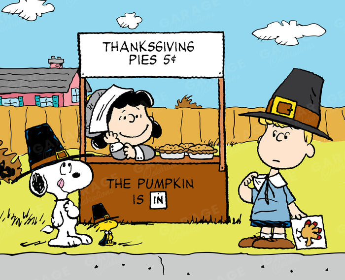Peanuts  characters at a Thanksgiving pie stand, featuring Snoopy and Woodstock.