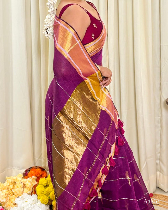 Women wearing lightweight purple mulmul cotton saree designed for comfort during celebrations and gatherings