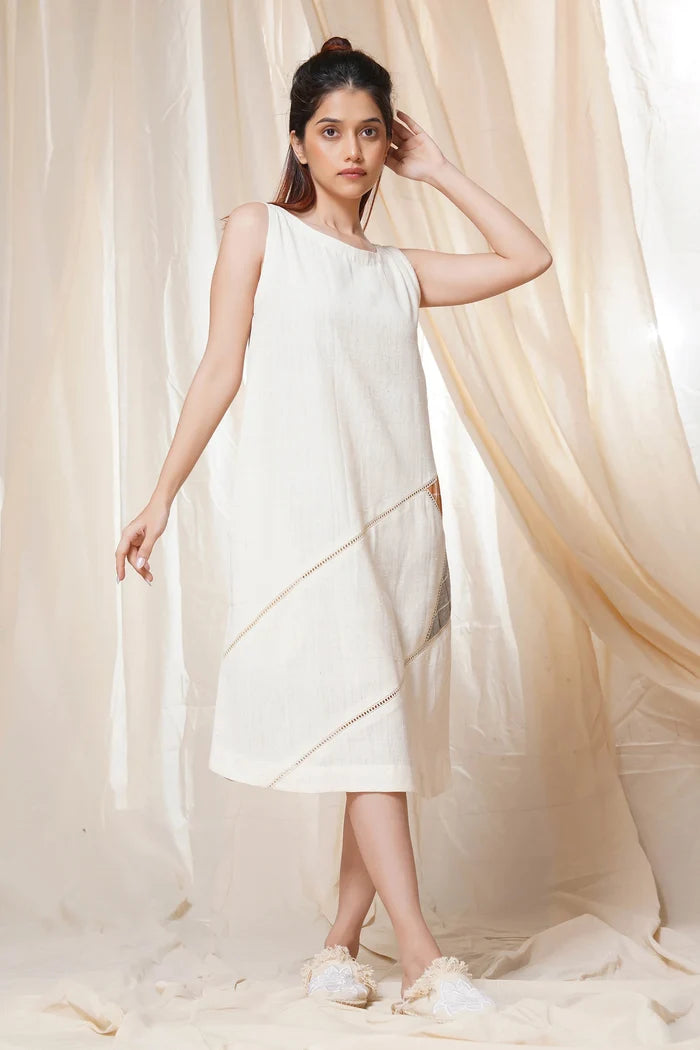 Thread Game A-Line White Khadi Dress