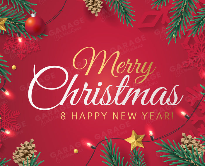 Merry Christmas and Happy New Year design with festive decorations on a red background.