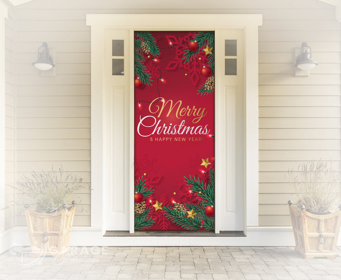 Decorative Christmas door cover with festive design and text "Merry Christmas" on a door.