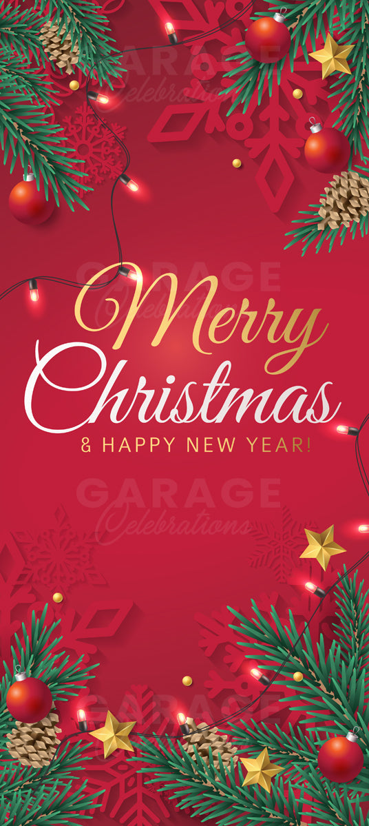 Red Christmas card with greenery, ornaments, and 'Merry Christmas & Happy New Year' text.