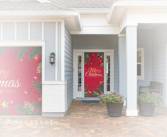 Front porch with Christmas-themed decorative Christmas door cover with festive design and text "Merry Christmas" on a door.