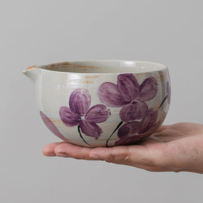 Violet Flower Ceramic Matcha Set with Bowl and Chasen Holder