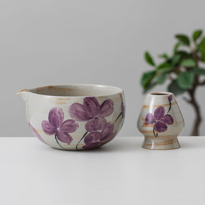 Violet Flower Ceramic Matcha Set with Bowl and Chasen Holder