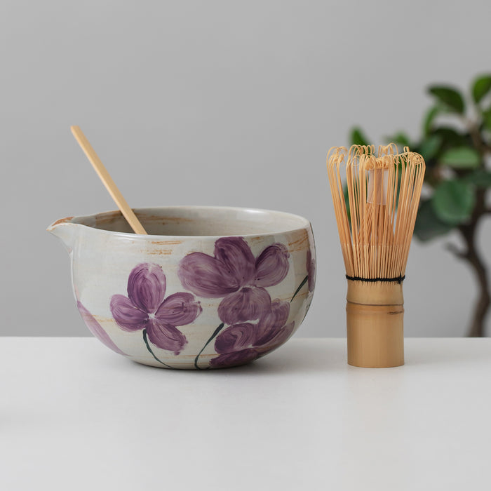Violet Flower Ceramic Matcha Set with Bowl and Chasen Holder