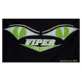 Black fabric banner with lime green viper eyes and Viper Tool Storage logo