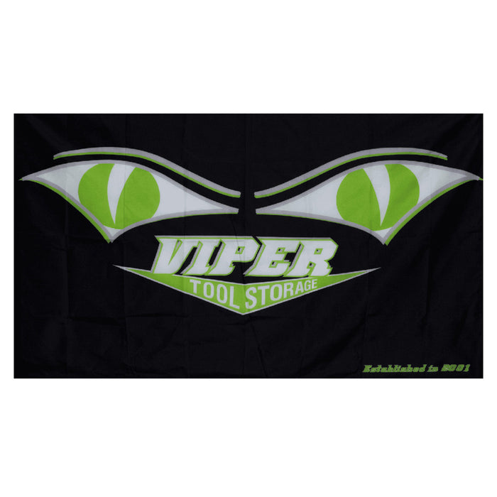 Black fabric banner with lime green viper eyes and Viper Tool Storage logo
