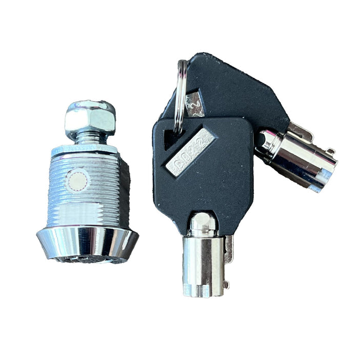 Viper Tool Storage tubular cam lock mechanism and 2 barrel keys with black caps on a key ring