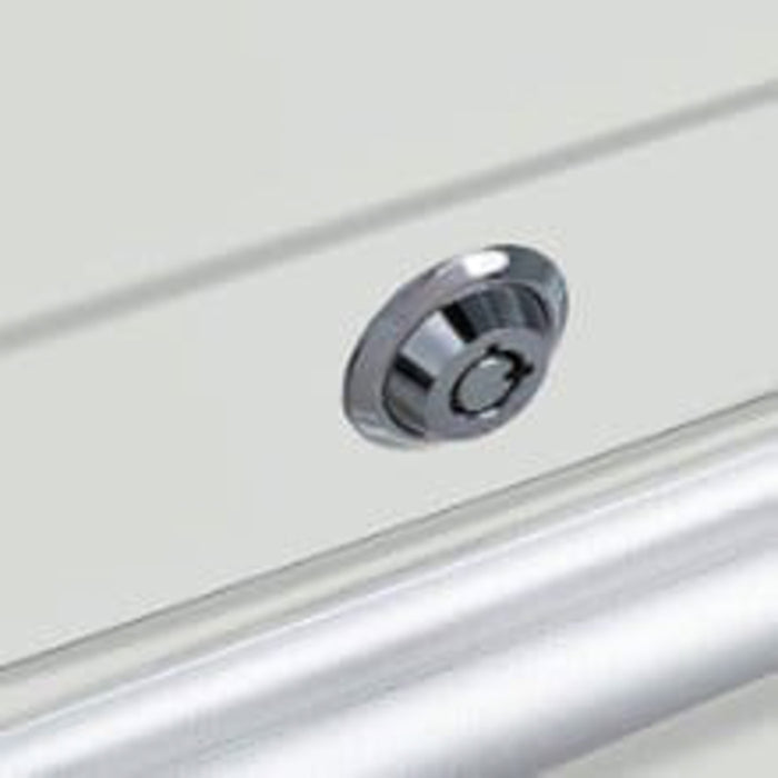 Close-up of white tool cabinet showing tubular cam lock