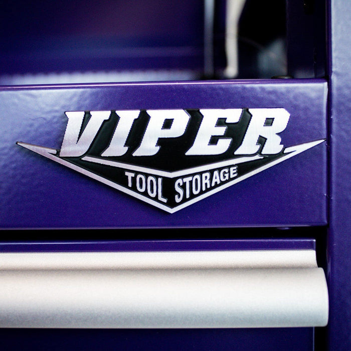 Viper Tool Storage logo emblem on a purple tool cabinet
