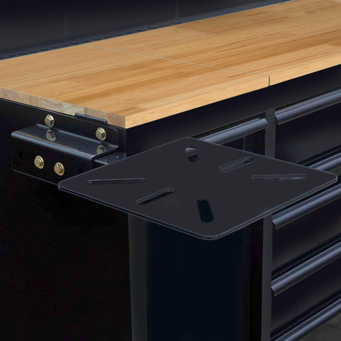 Close up of Viper Tool Storage black 60-inch 7-drawer workstation showing vise mount installed