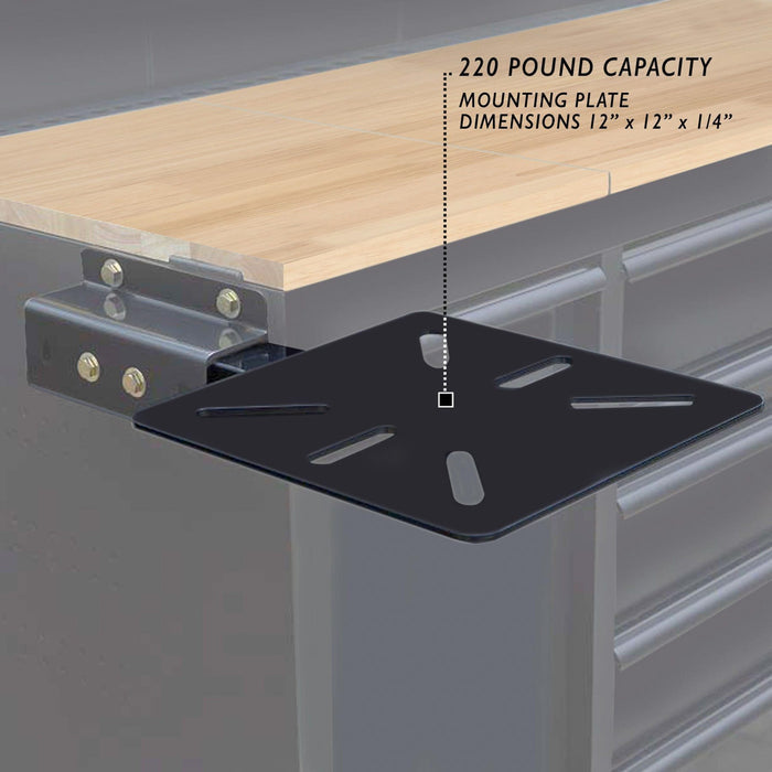 Close up of Viper Tool Storage black 60-inch 7-drawer workstation highlighting 12-inch x 12-inch vise mount