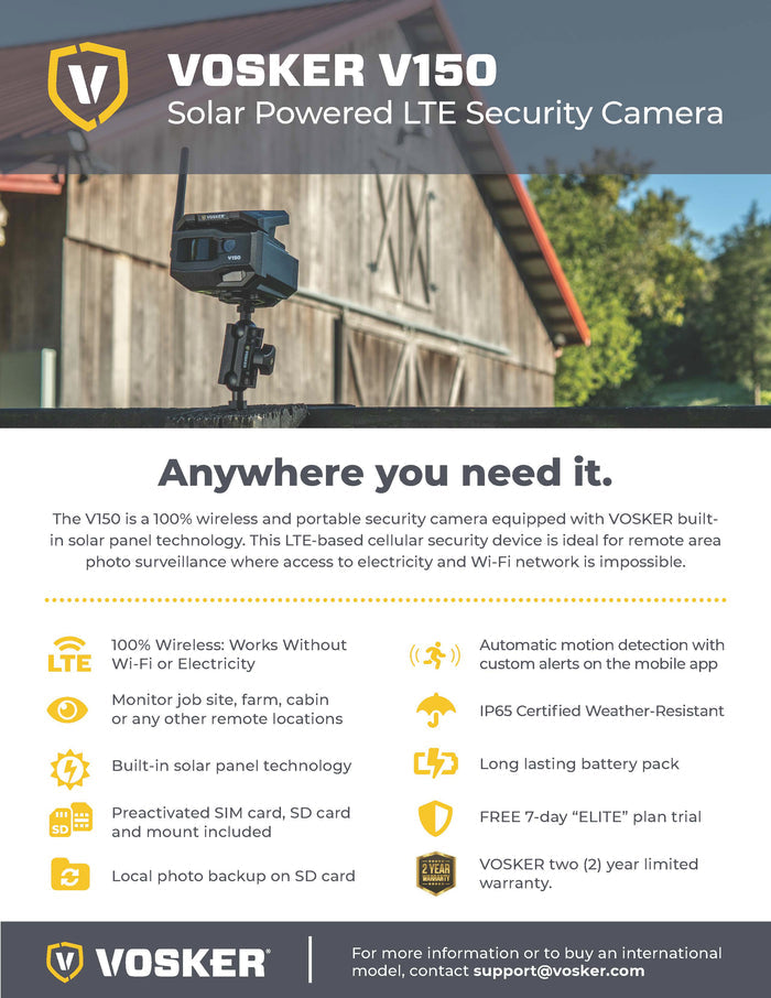 VOSKER V150 Solar Powered LTE Cellular Outdoor Security Camera | V150