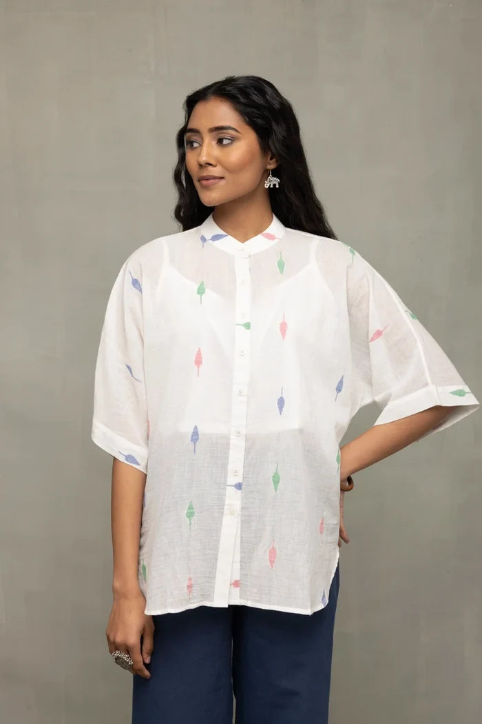Handwoven White Leaf Motif Cotton Jamdani Shirt for Casual Everyday Wear