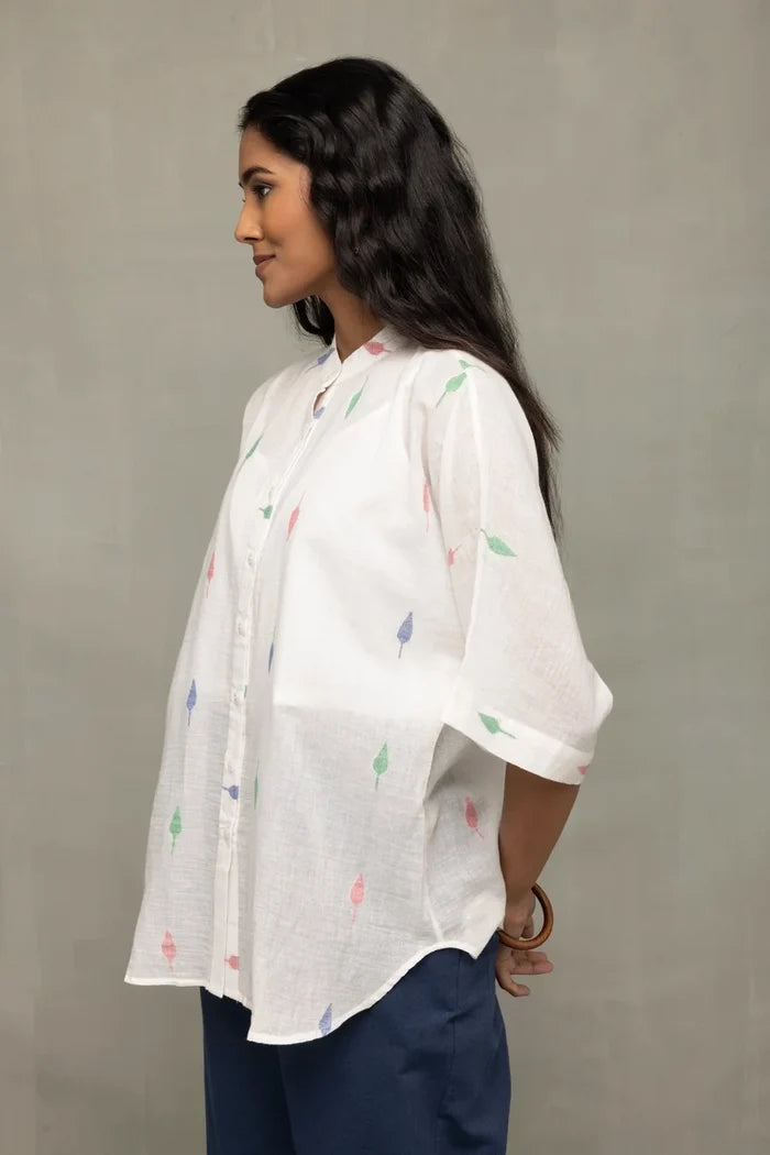 Elegant White Leaf Jamdani Cotton Shirt for Festive and Ethnic Wear