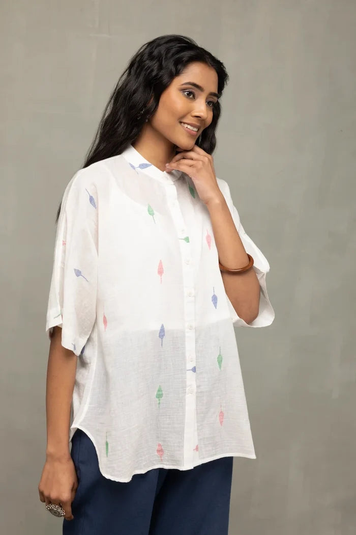 Lightweight Breathable White Leaf Cotton Jamdani Shirt for Summer Wear