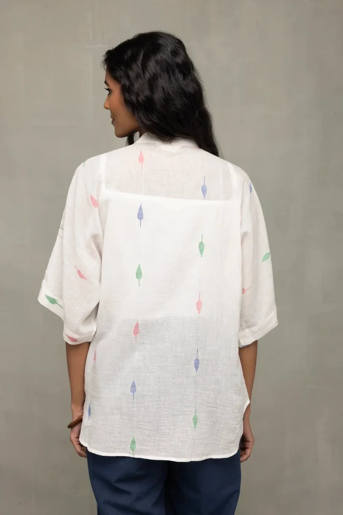 Back View of White Leaf Cotton Jamdani Shirt