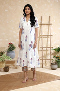 White Pink Pure Cotton Green Block Print Kurta Set