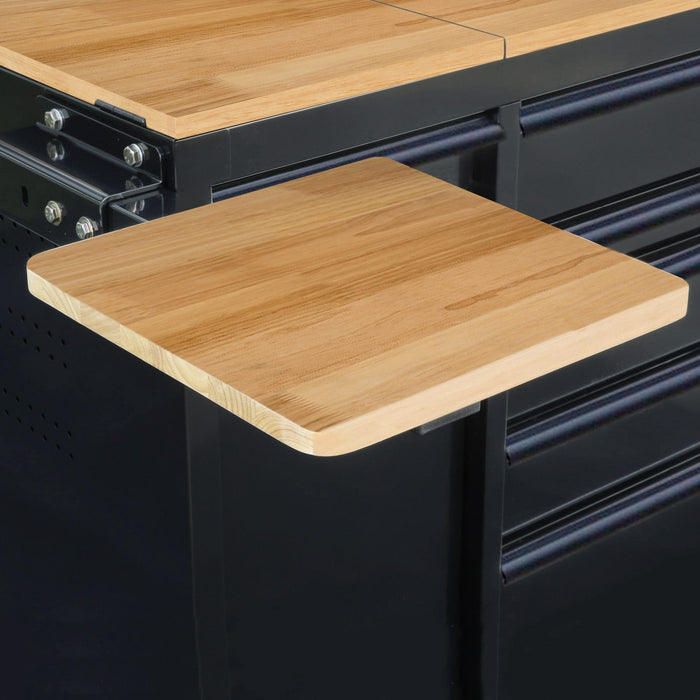 Close up of Viper Tool Storage black 60-inch 7-drawer workstation showing wood shelf attachment