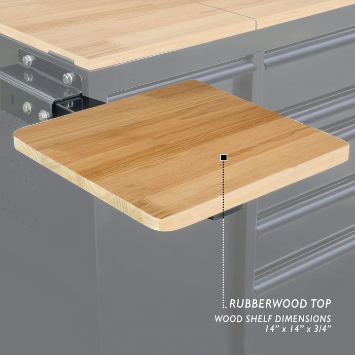 Close up of Viper Tool Storage black 60-inch 7-drawer workstation highlighting 14-inch x 14-inch wood shelf