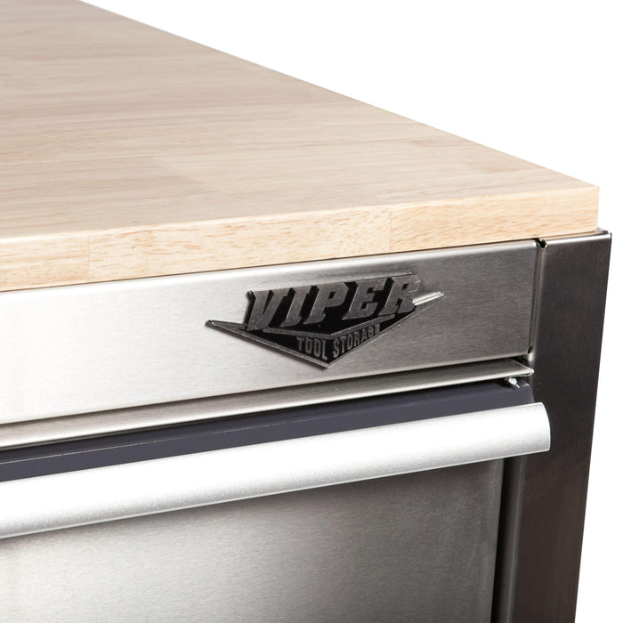 Close-up of stainless steel Viper Tool Storage rolling cabinet with butcher block top installed