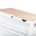 Angled view of white 30-inch 5-drawer steel rolling cabinet showing optional wood top