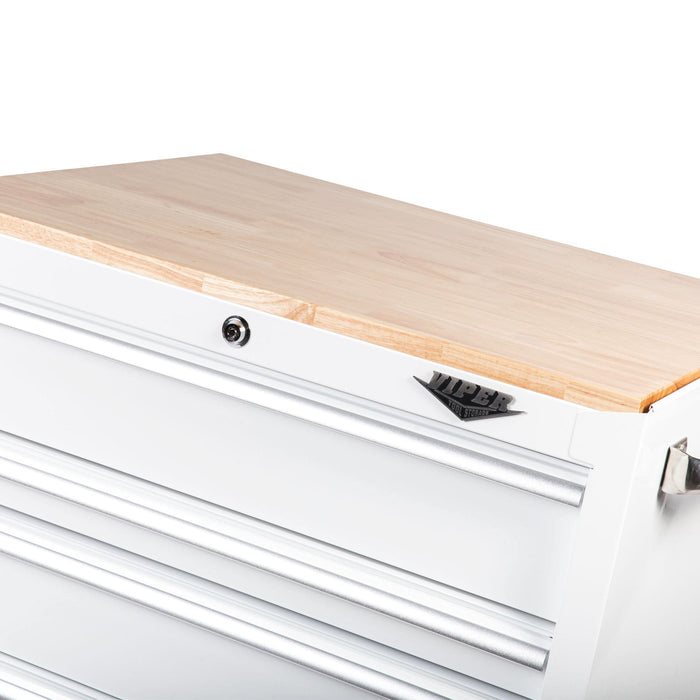 Angled view of white 30-inch 5-drawer steel rolling cabinet showing optional wood top