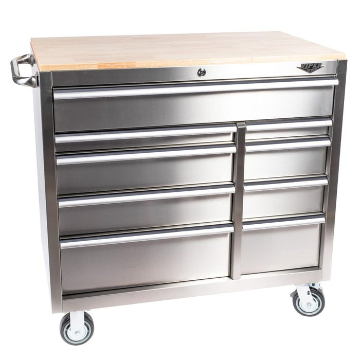 Angled view of 41-inch 9-drawer stainless steel rolling cabinet with 5-inch casters and optional butcher block top