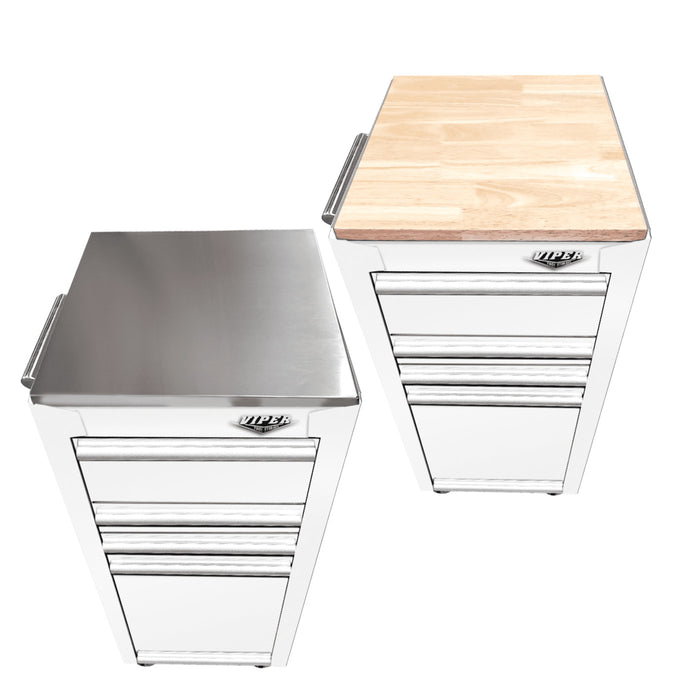 Two white Viper Tool Storage salon carts showing stainless steel worktop and butcher block worktop options