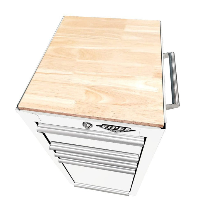 Top view of Viper Tool Storage butcher block worktop installed on a white salon cart