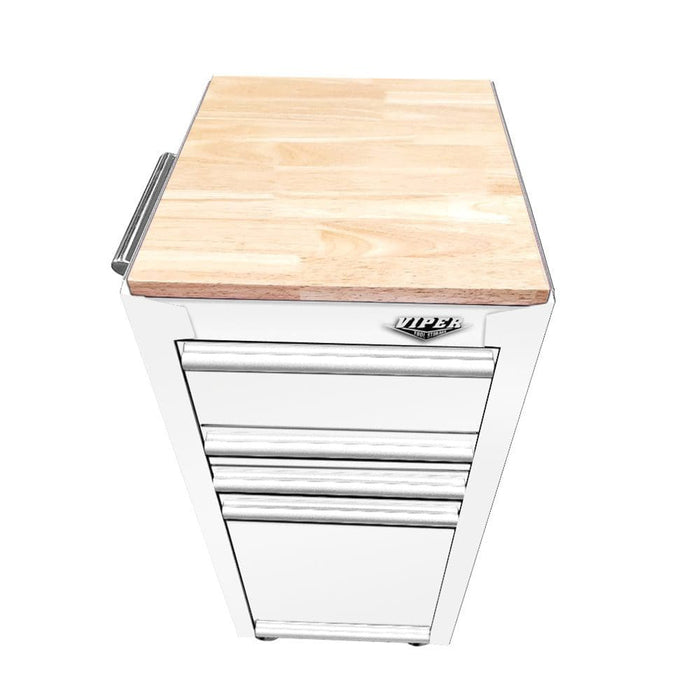 Butcher block worktop installed on a white salon cart