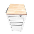 Butcher block worktop installed on a white salon cart