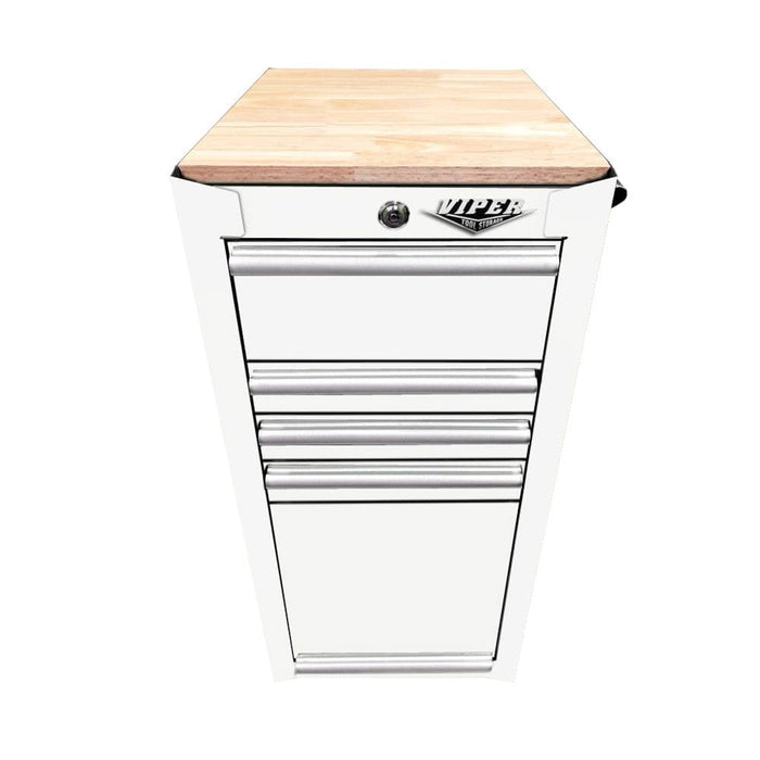 Front view of Viper Tool Storage butcher block worktop installed on a white salon cart