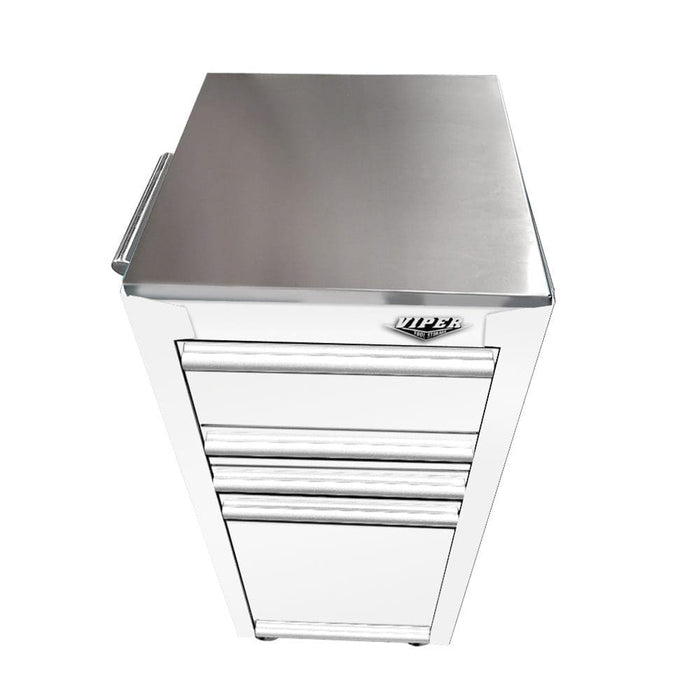 Top view of Viper Tool Storage stainless steel worktop installed on a white salon cart