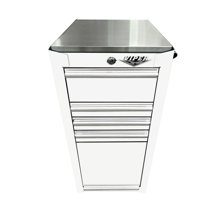 Front view of Viper Tool Storage stainless steel worktop installed on a white salon cart