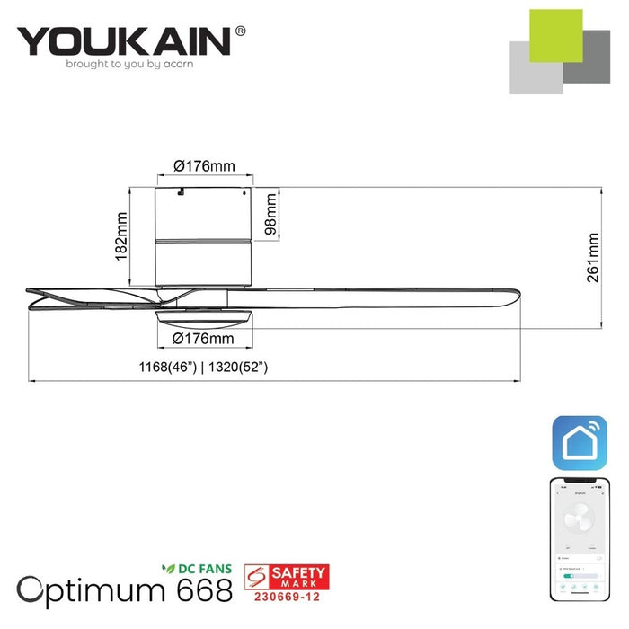 Youkain Optimum YJ-668H Hugger DC Ceiling Fan 36" - 52"