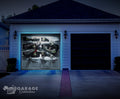 A garage door shown at night with zombies breaking out with scary green eyes and blood splatters.