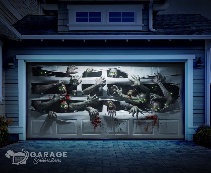 A modern home shown at night with zombies breaking out of the garage door with scary green eyes and blood splatters.