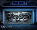 A modern home shown at night with zombies breaking out of the garage door with scary green eyes and blood splatters.