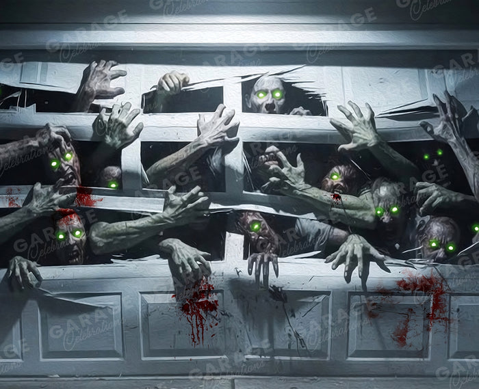 Garage door with zombies breaking out, with scary green eyes and blood splatters.